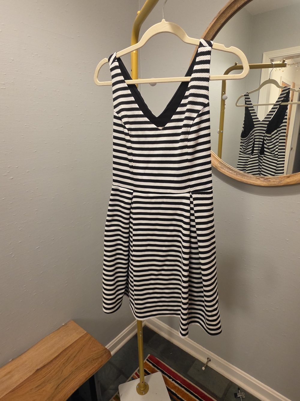 Soprano Black & White Striped V-Neck Fit-and-Flare Mini Dress